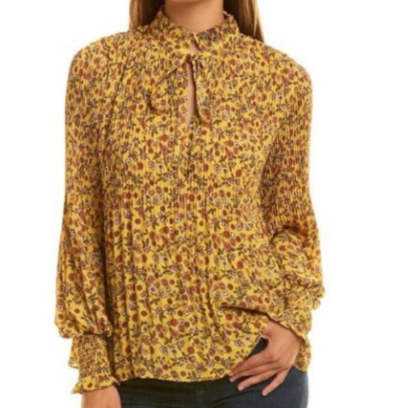 NEW Max Studio Yellow Floral Print Tie Neck Long Sleeve Release Pleat Blouse MED - Picture 1 of 12